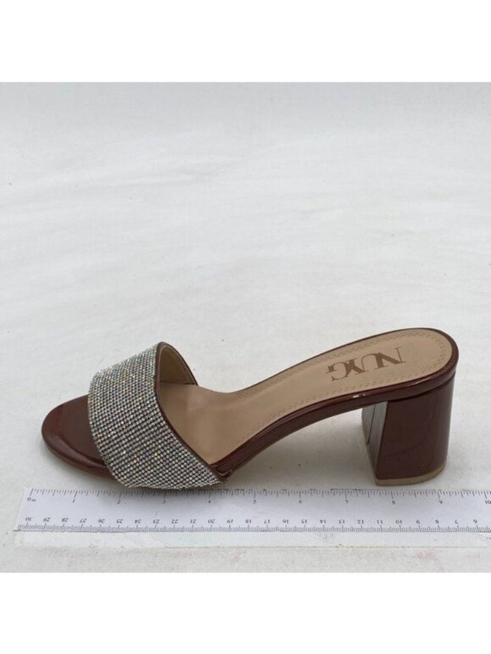 Women Comfy Open Toe Rhinestones Slip On Mule Sandals Mid Chunky Heel Slide Slip